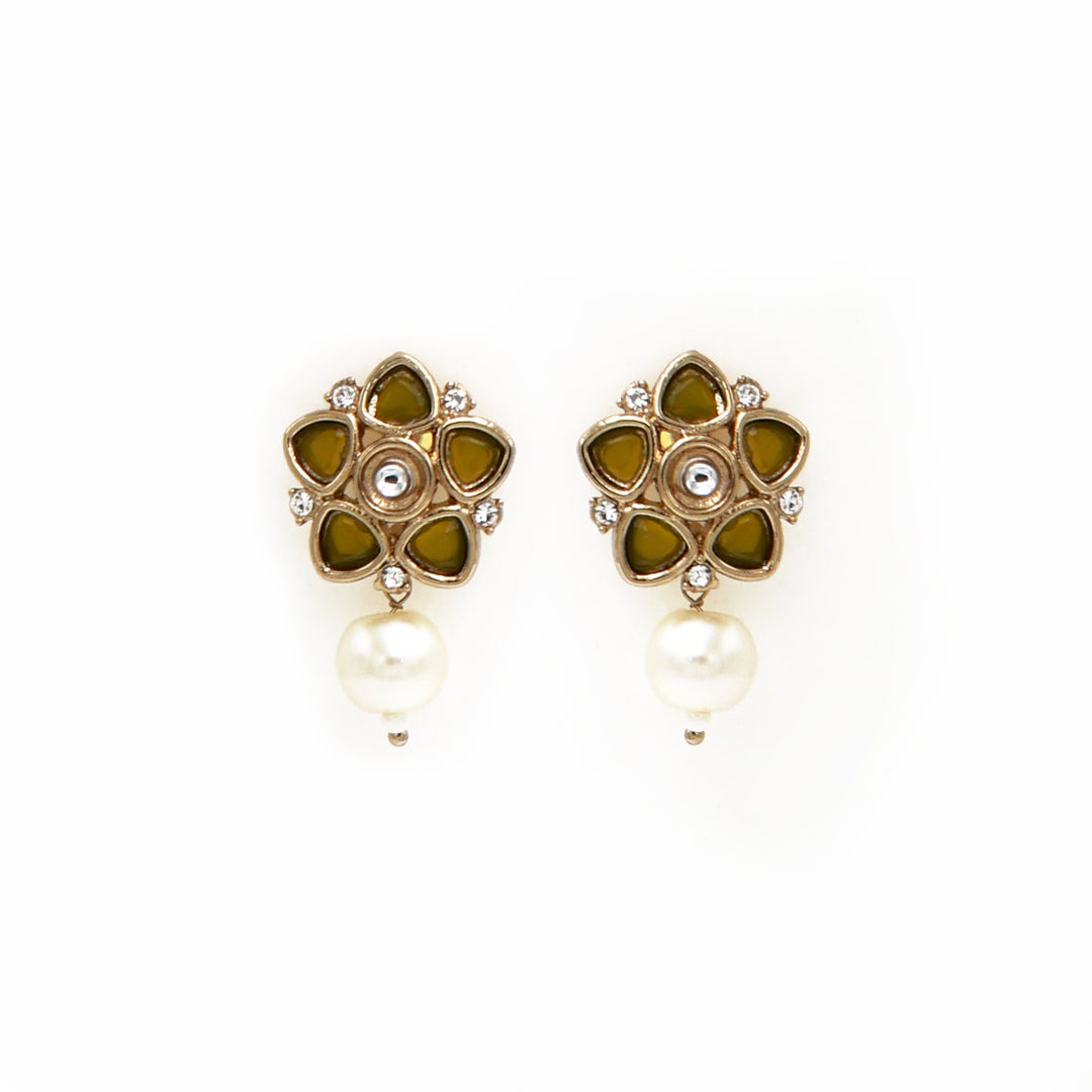 Polki Floral Stud Earrings with Pearl Drop - Olive Green