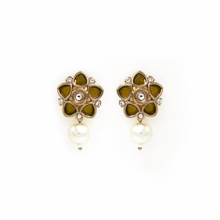 Polki Floral Stud Earrings with Pearl Drop - Olive Green