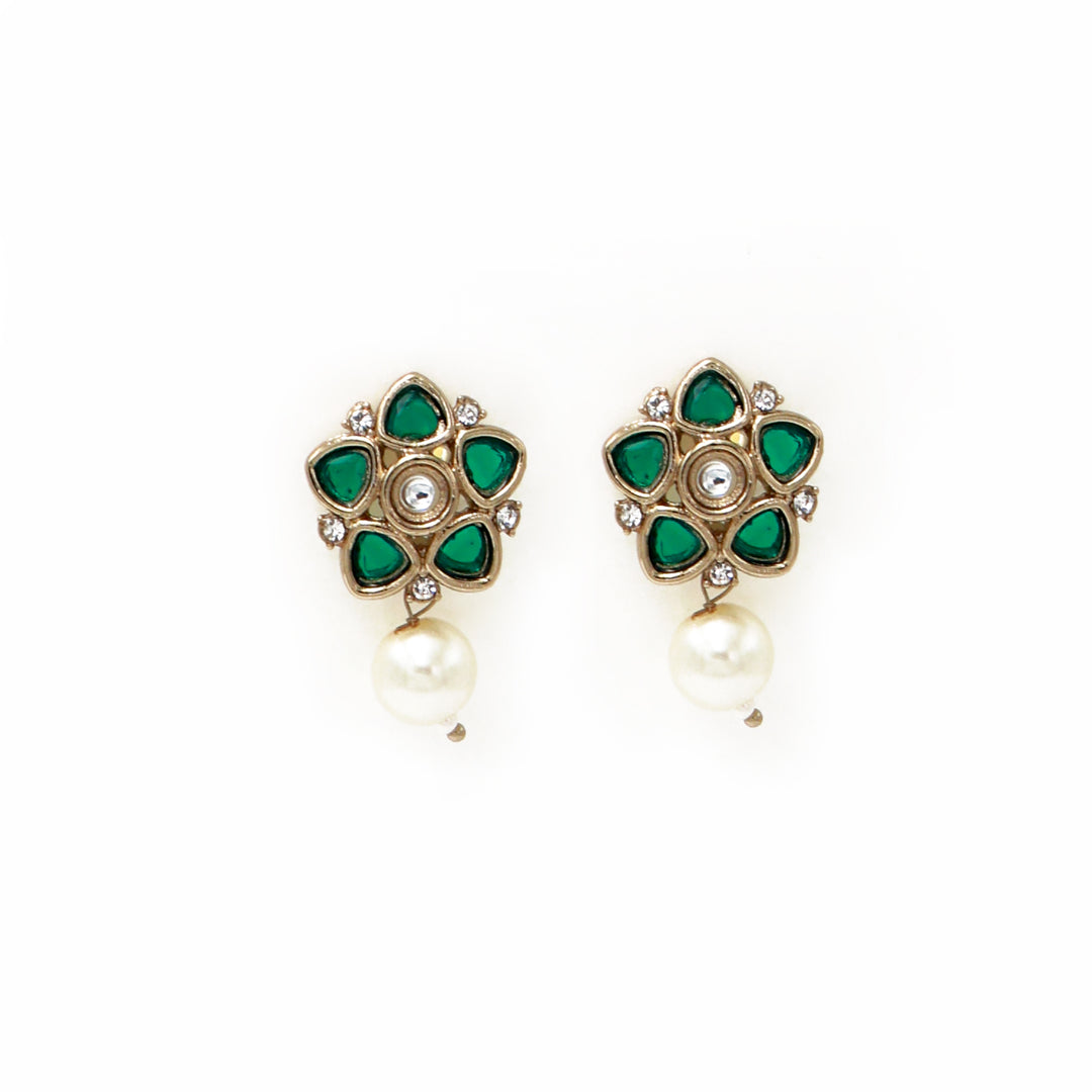 Polki Floral Stud Earrings with Pearl Drop - Dark Green