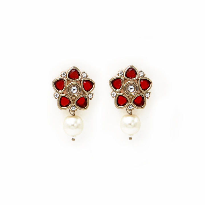 Polki Floral Stud Earrings with Pearl Drop - Ruby Red