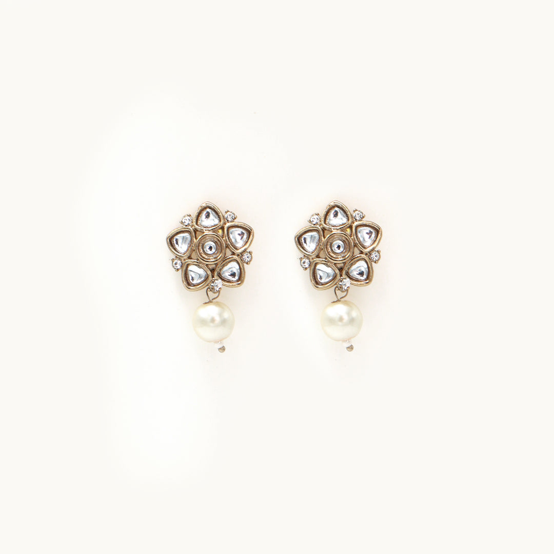 Polki Floral Stud Earrings with Pearl Drop - White