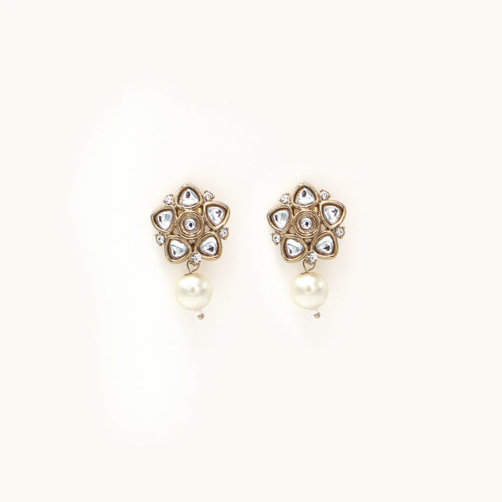 Polki Floral Stud Earrings with Pearl Drop - White