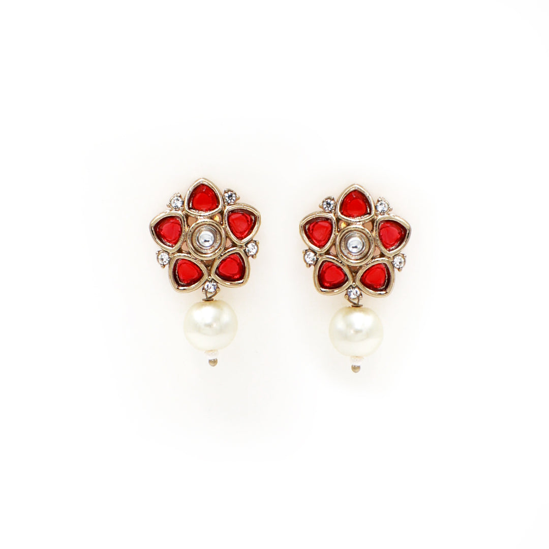 Polki Floral Stud Earrings with Pearl Drop - Red