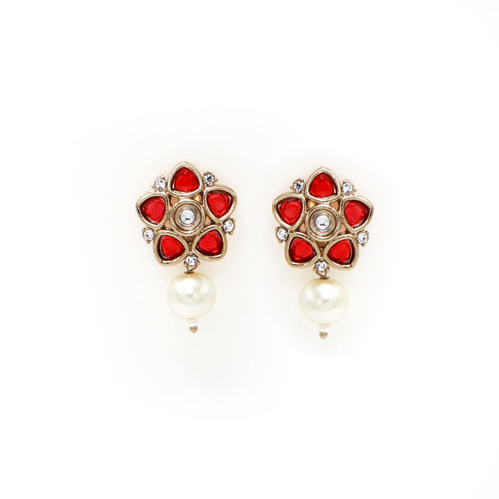 Polki Floral Stud Earrings with Pearl Drop - Red