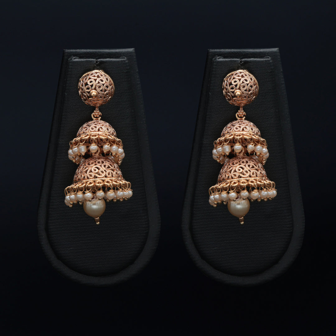 Triple Dome Filigree Jhumka - Moti