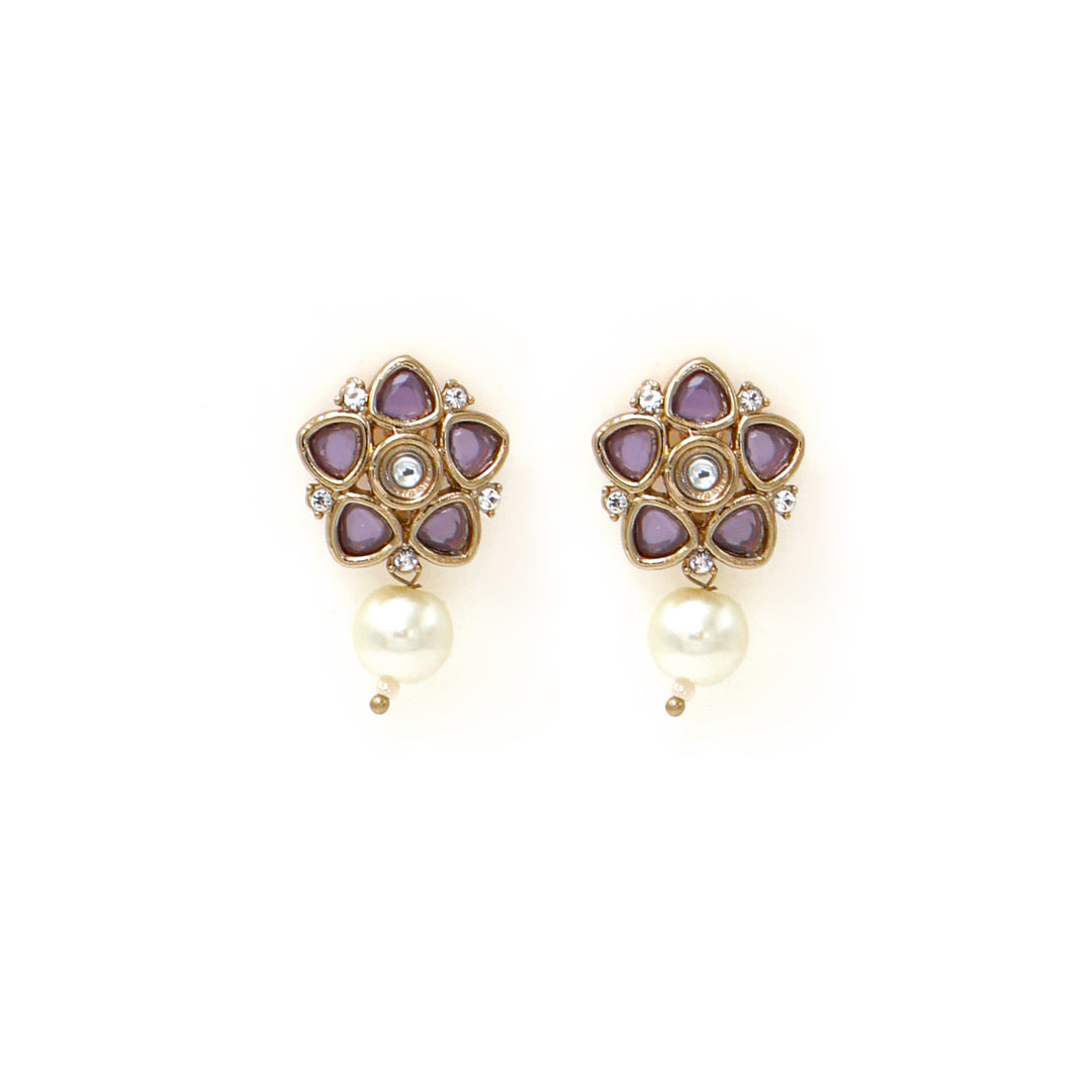Polki Floral Stud Earrings with Pearl Drop - Lavender