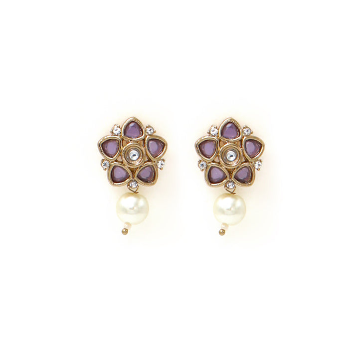 Polki Floral Stud Earrings with Pearl Drop - Lavender