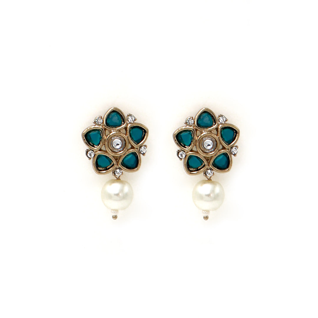 Polki Floral Stud Earrings with Pearl Drop - Sky Blue