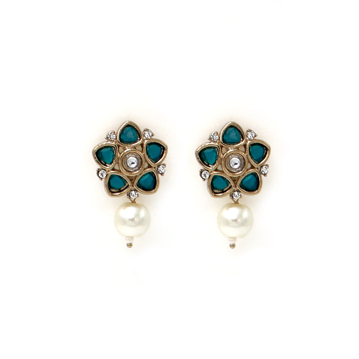 Polki Floral Stud Earrings with Pearl Drop - Sky Blue