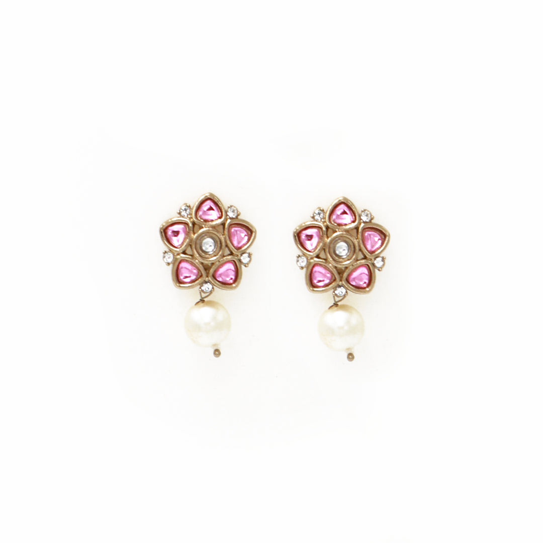 Polki Floral Stud Earrings with Pearl Drop - Baby Pink