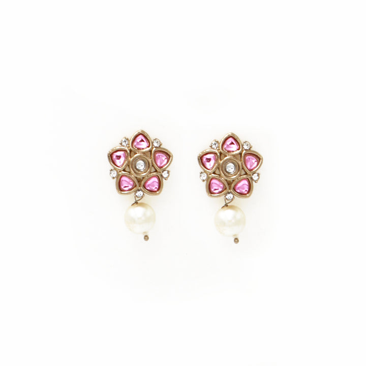 Polki Floral Stud Earrings with Pearl Drop - Baby Pink