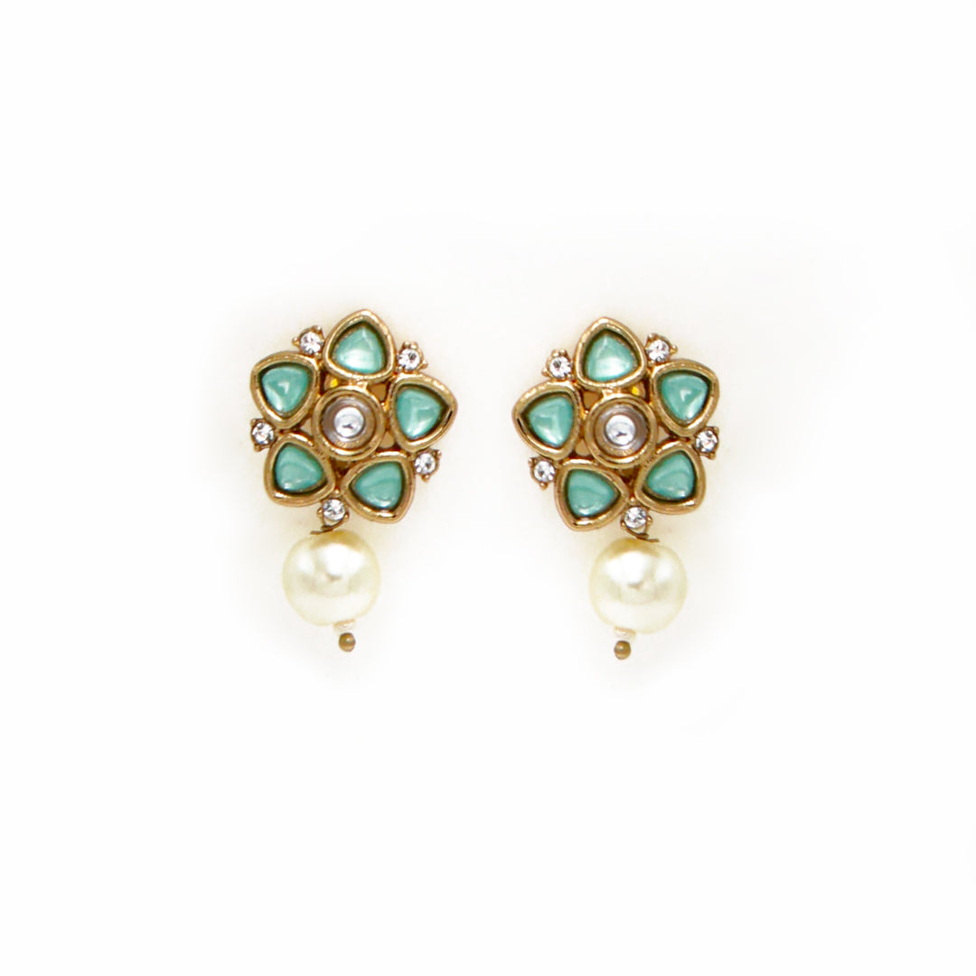 Polki Floral Stud Earrings with Pearl Drop - Mint Green