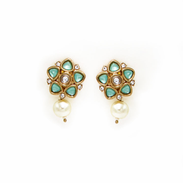 Polki Floral Stud Earrings with Pearl Drop - Mint Green