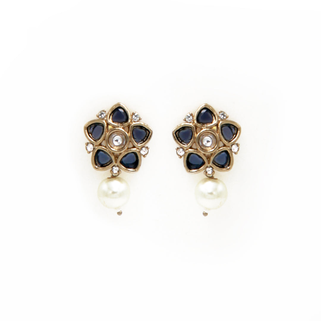 Polki Floral Stud Earrings with Pearl Drop - Violet