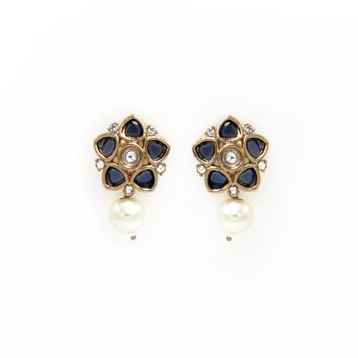 Polki Floral Stud Earrings with Pearl Drop - Violet