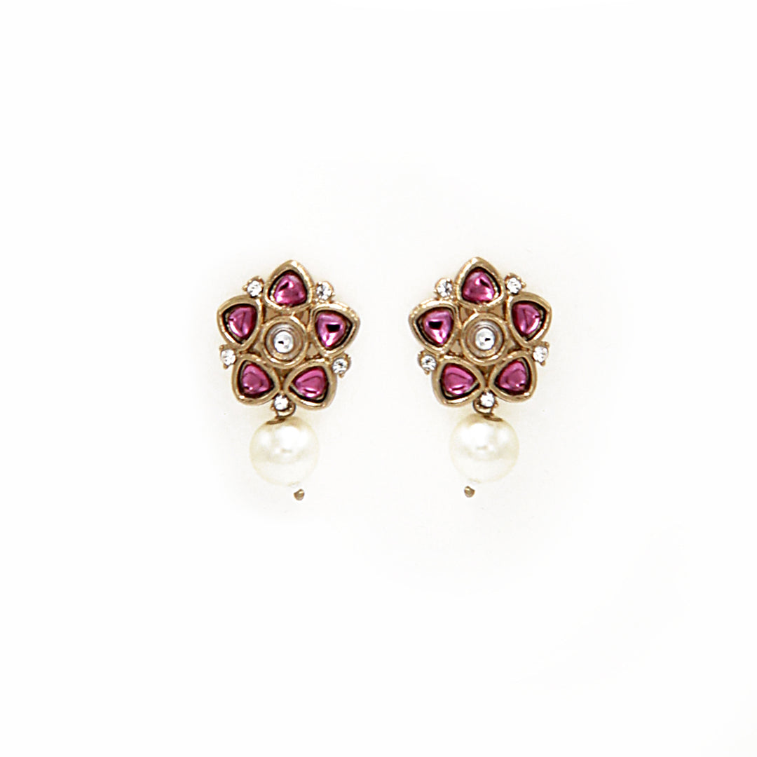 Polki Floral Stud Earrings with Pearl Drop - Pink