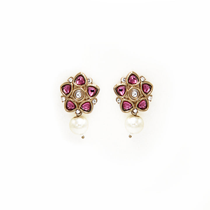 Polki Floral Stud Earrings with Pearl Drop - Pink