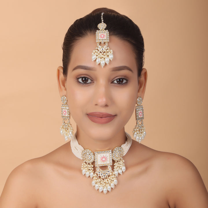 Regal Kundan Meena Necklace & Earrings Set with white Beads – Exquisite Indian Bridal Jewellery