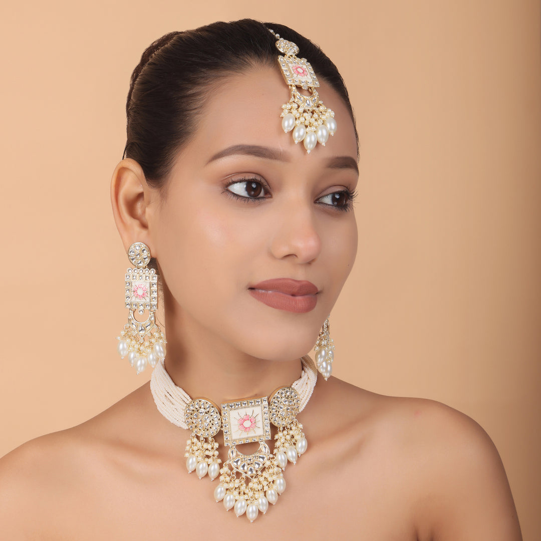 Regal Kundan Meena Necklace & Earrings Set with white Beads – Exquisite Indian Bridal Jewellery