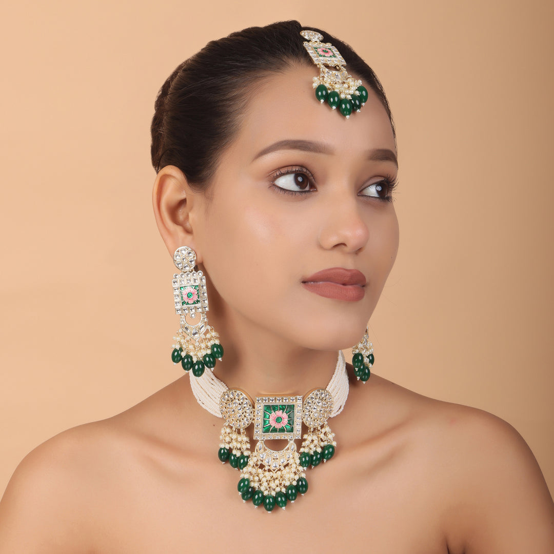 Regal Kundan Meena Necklace & Earrings Set with Green Beads – Exquisite Indian Bridal Jewellery