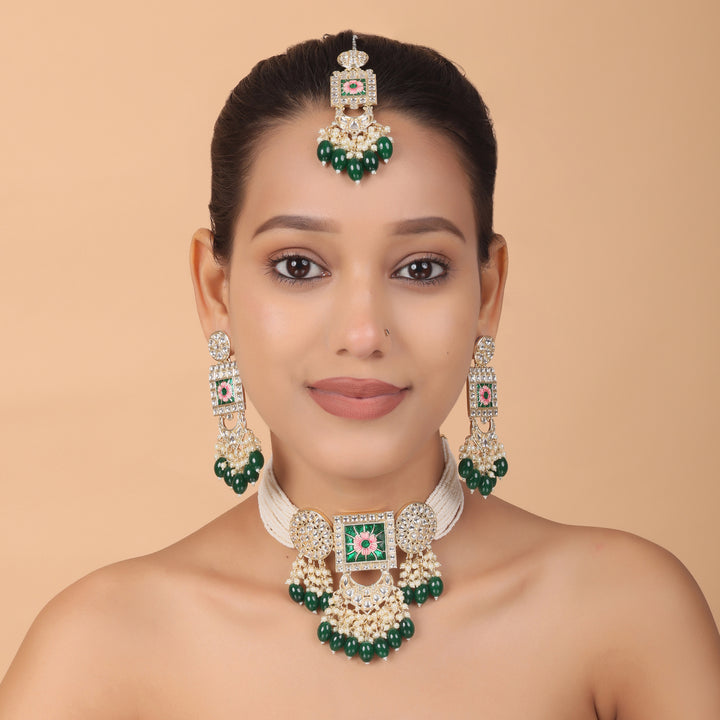 Regal Kundan Meena Necklace & Earrings Set with Green Beads – Exquisite Indian Bridal Jewellery