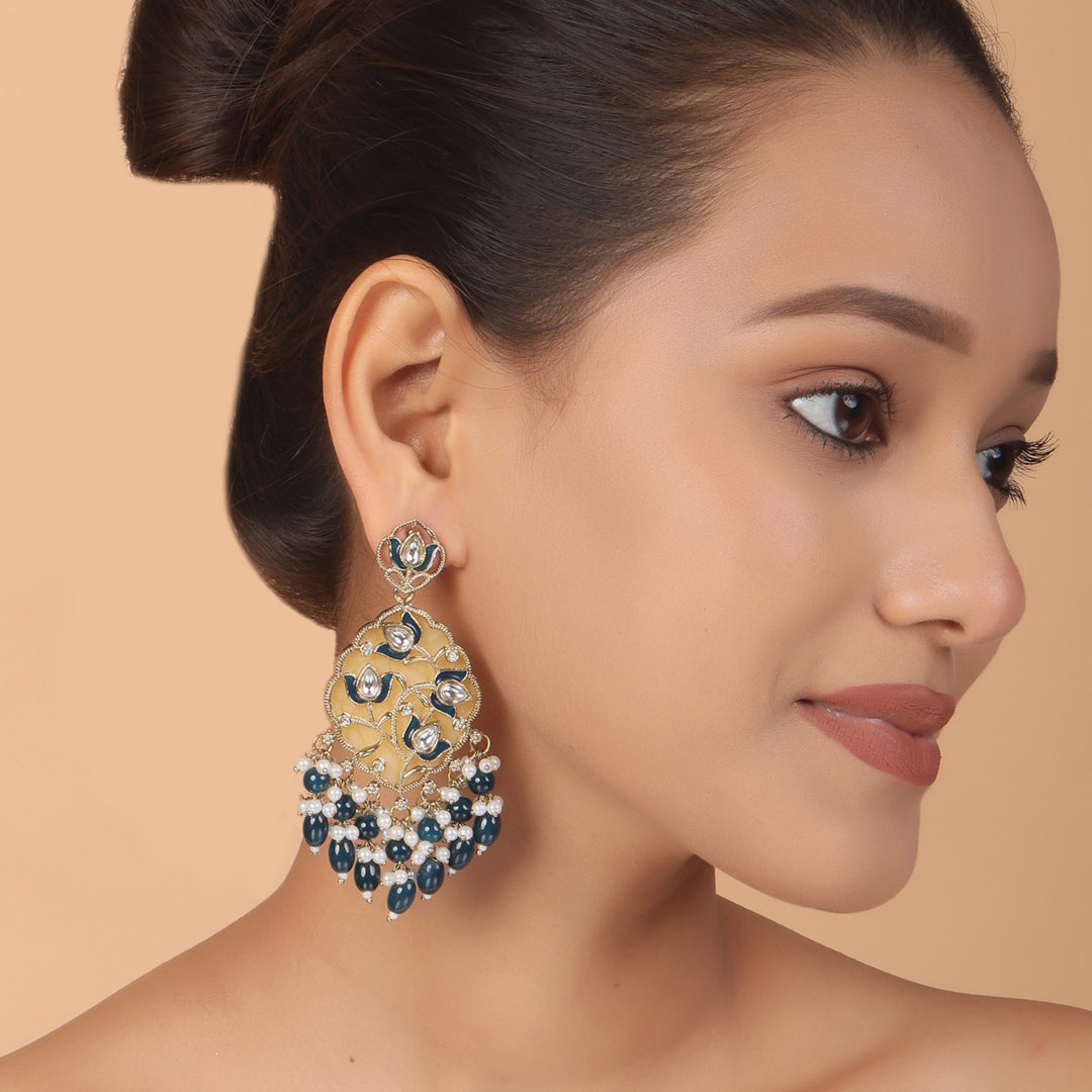 Polki Chandbali Earrings with Pearl Drops - Blue