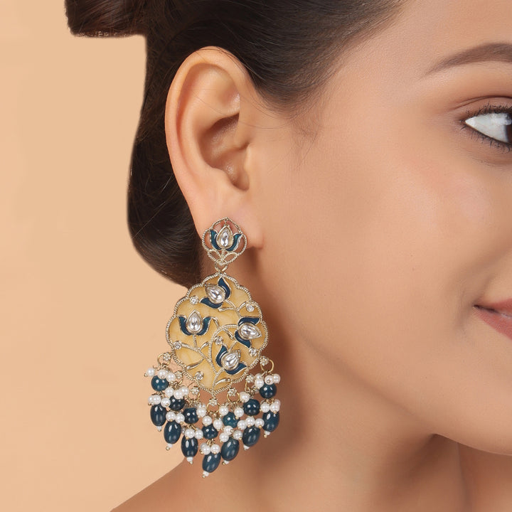 Polki Chandbali Earrings with Pearl Drops - Blue