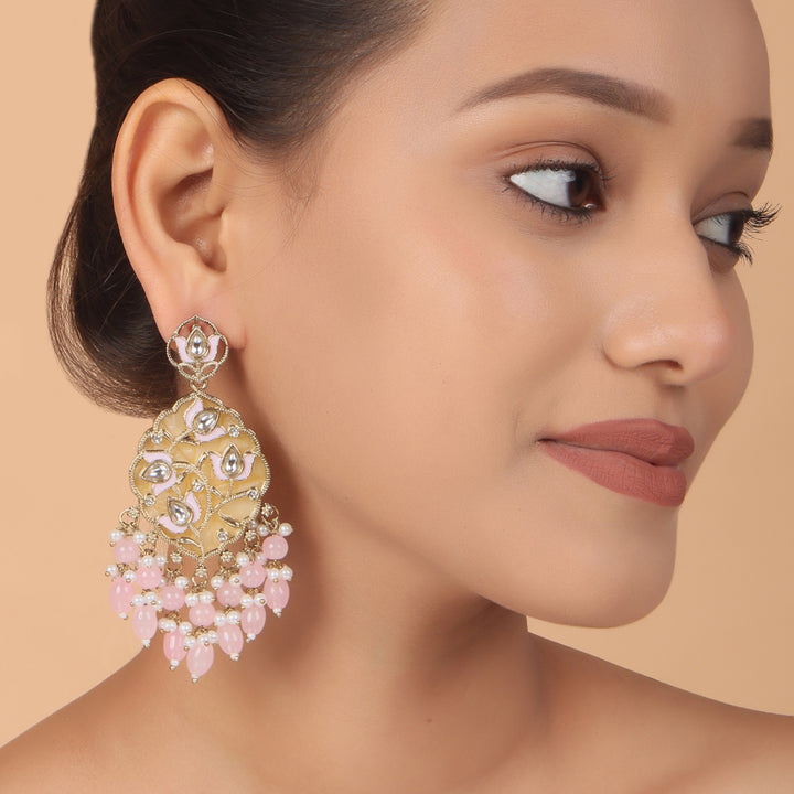 Polki Chandbali Earrings with Pearl Drops - Pink