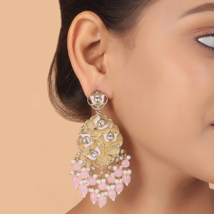 Polki Chandbali Earrings with Pearl Drops - Blue