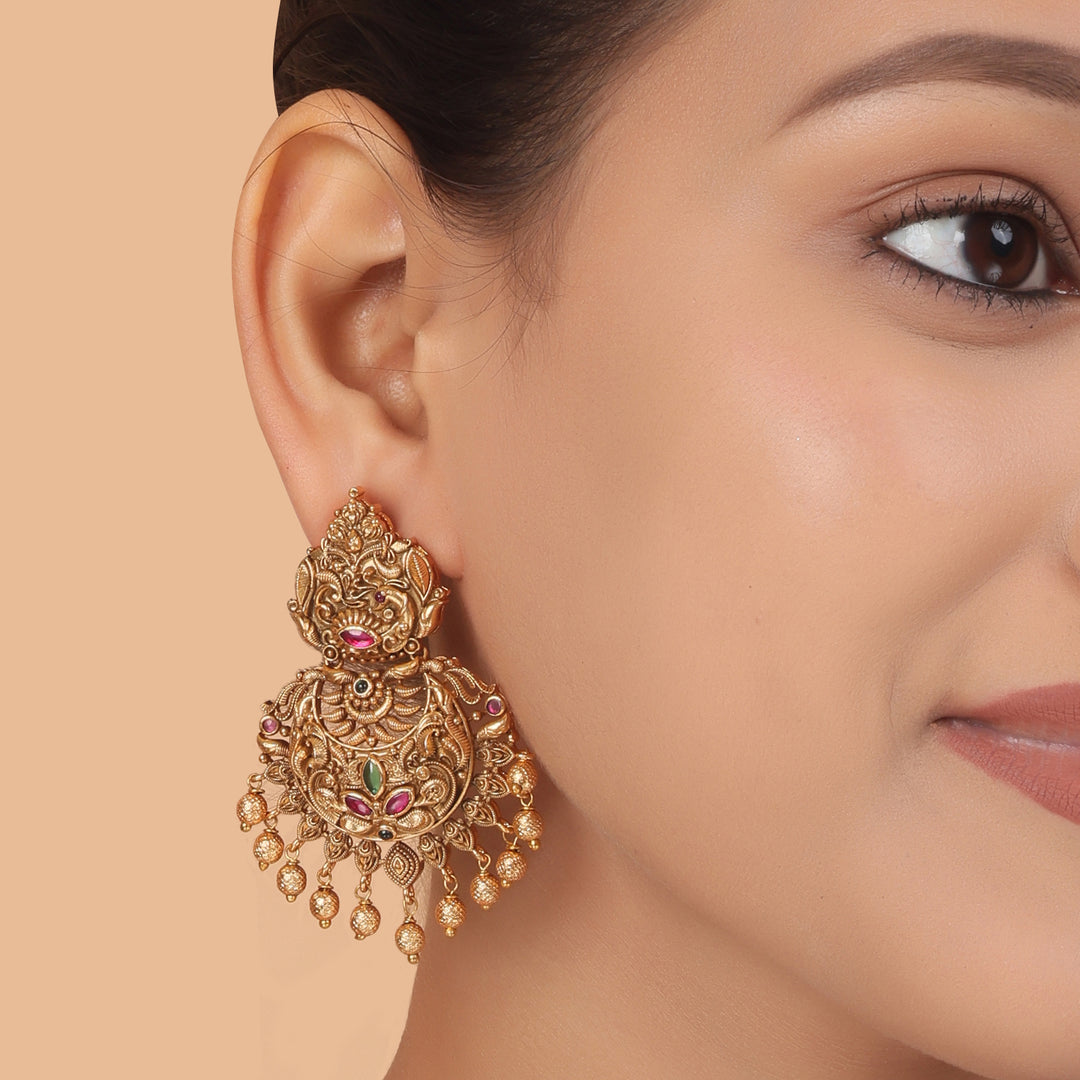Antique Temple Goddess Jhumka – Heritage Gold Plated Earrings by OLIARI