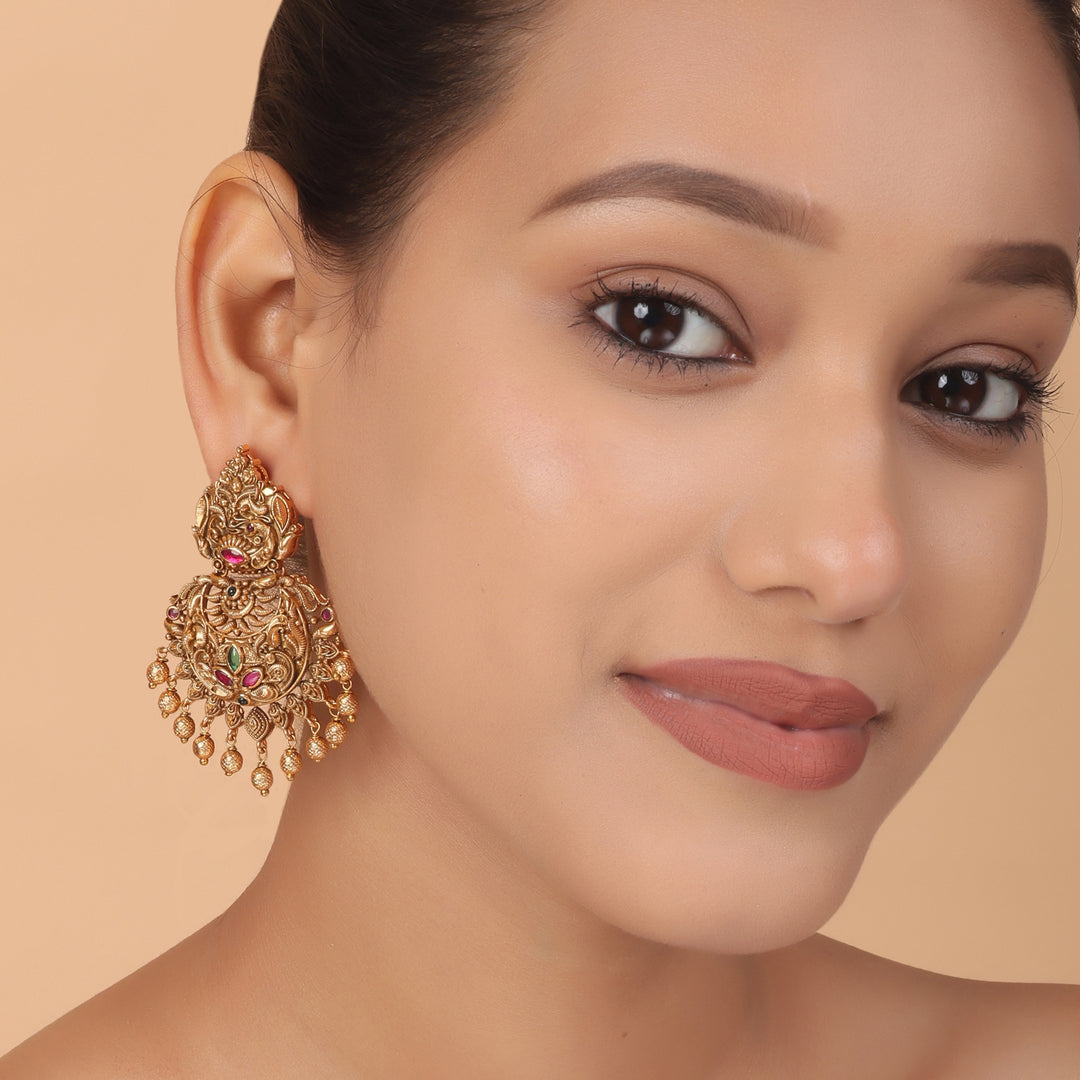 Antique Temple Goddess Jhumka – Heritage Gold Plated Earrings by OLIARI
