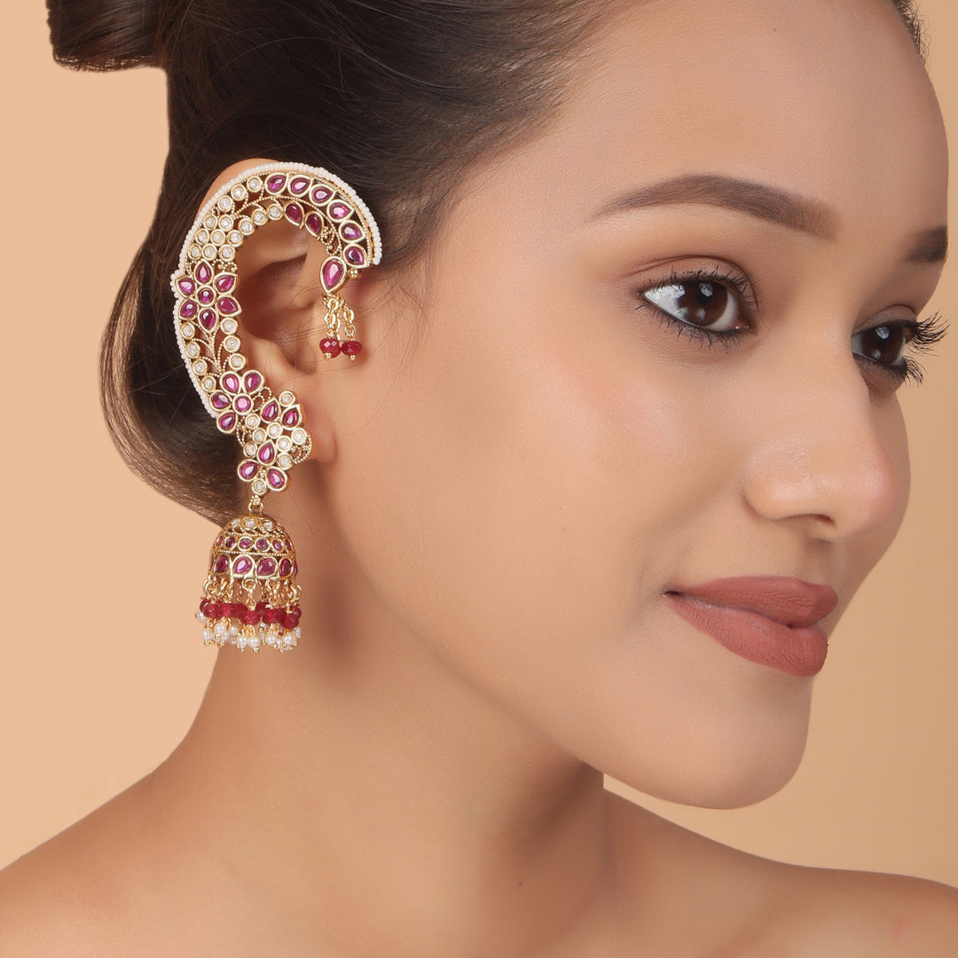 Royal Kundan Ear Cuff Jhumka – Ruby & Pearl Heritage Elegance by OLIARI - Ruby
