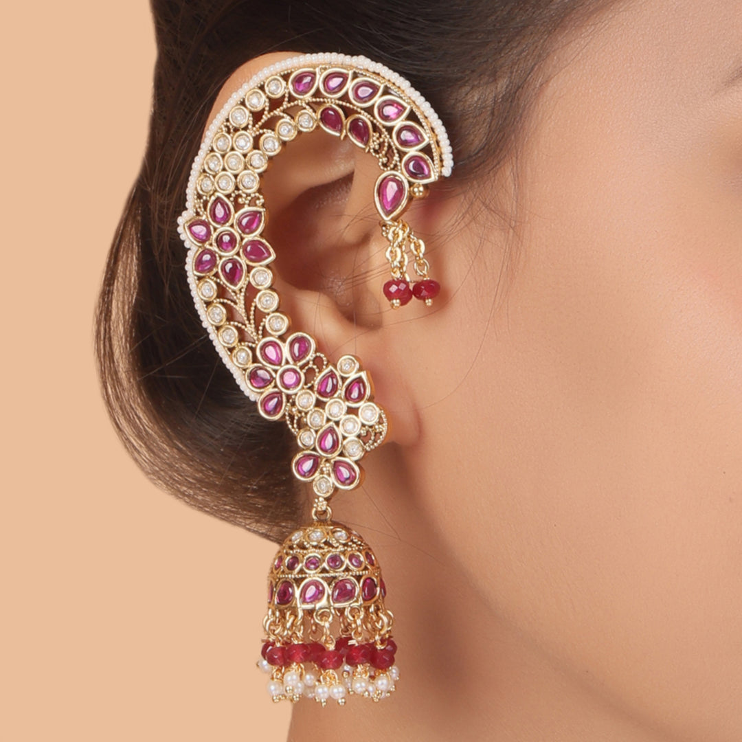 Royal Kundan Ear Cuff Jhumka – Ruby & Pearl Heritage Elegance by OLIARI - Ruby