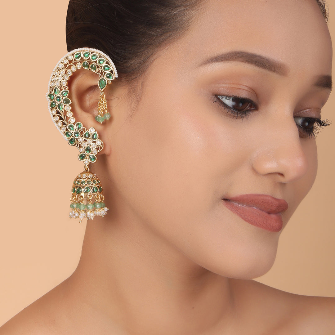 Royal Kundan Ear Cuff Jhumka – Ruby & Pearl Heritage Elegance by OLIARI - Green