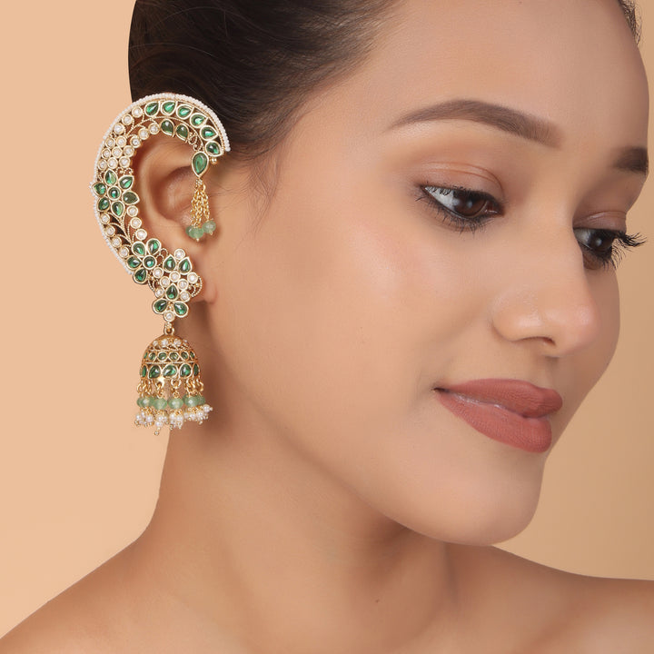 Royal Kundan Ear Cuff Jhumka – Ruby & Pearl Heritage Elegance by OLIARI - Green
