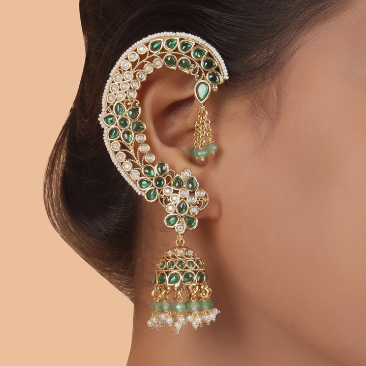 Royal Kundan Ear Cuff Jhumka – Ruby & Pearl Heritage Elegance by OLIARI - Green
