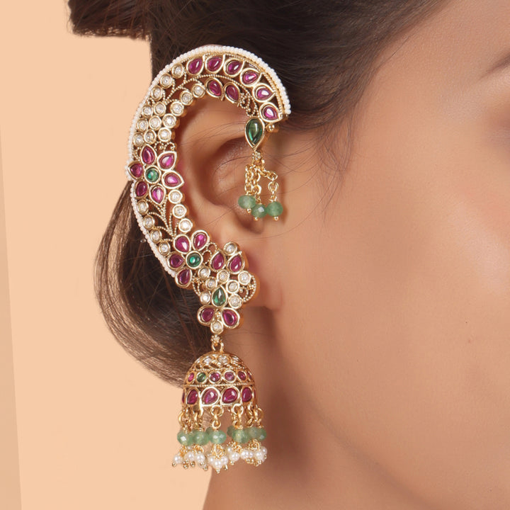 Royal Kundan Ear Cuff Jhumka – Ruby & Pearl Heritage Elegance by OLIARI - Ruby Green