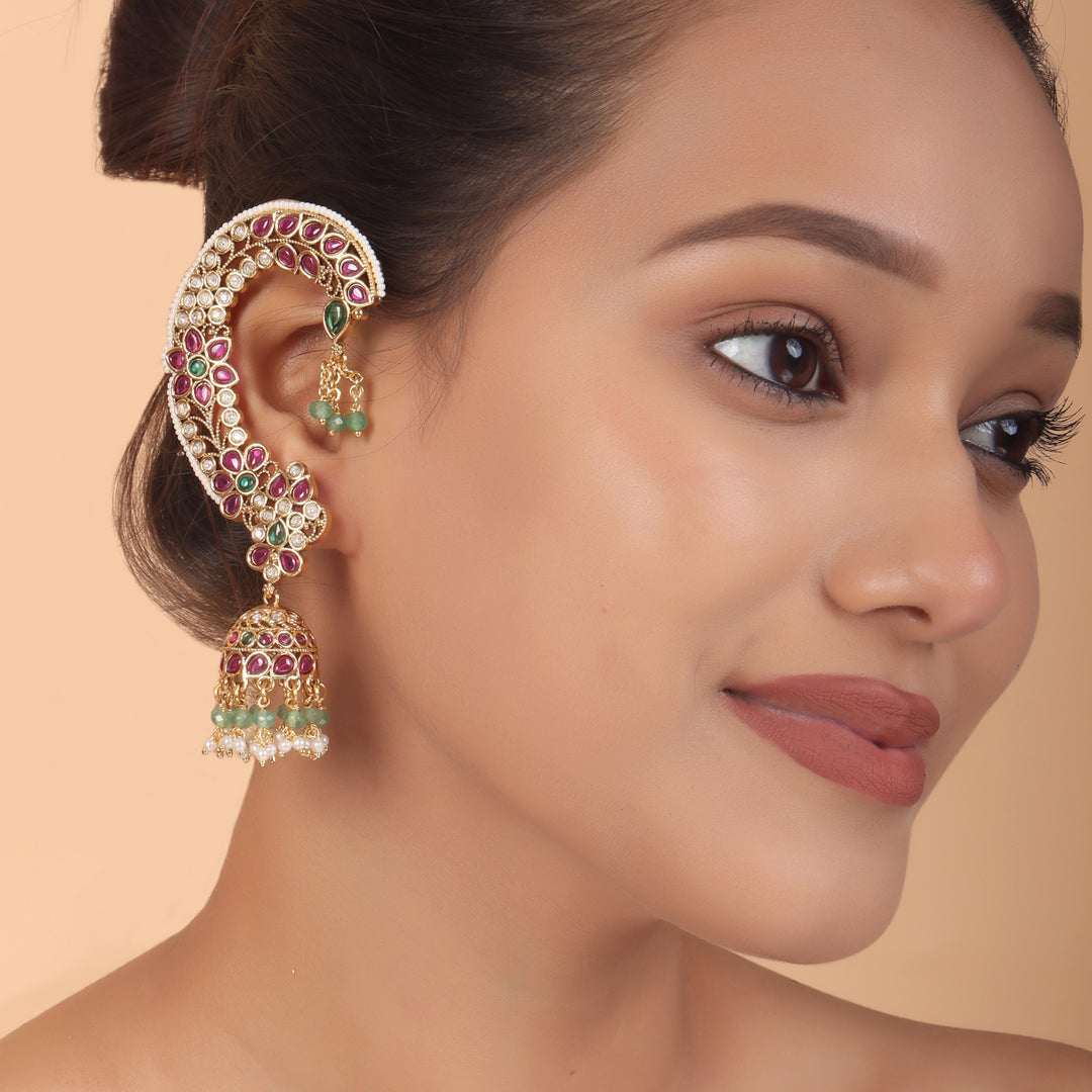 Royal Kundan Ear Cuff Jhumka – Ruby & Pearl Heritage Elegance by OLIARI - Ruby Green