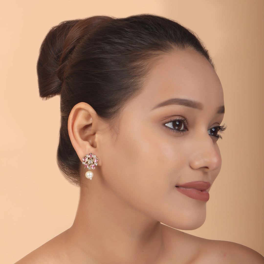 Polki Floral Stud Earrings with Pearl Drop - Baby Pink