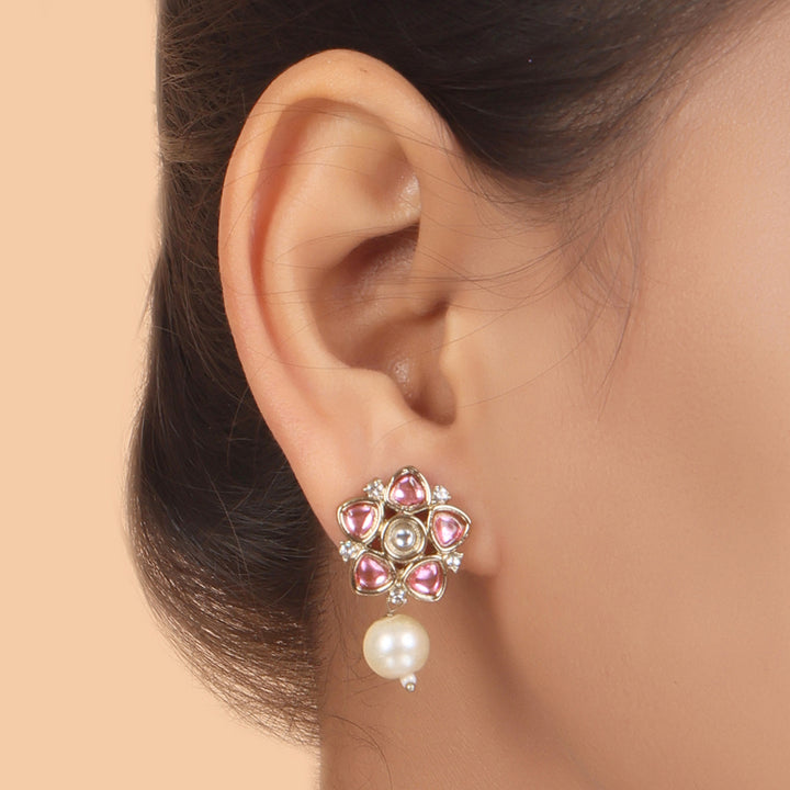 Polki Floral Stud Earrings with Pearl Drop - Baby Pink