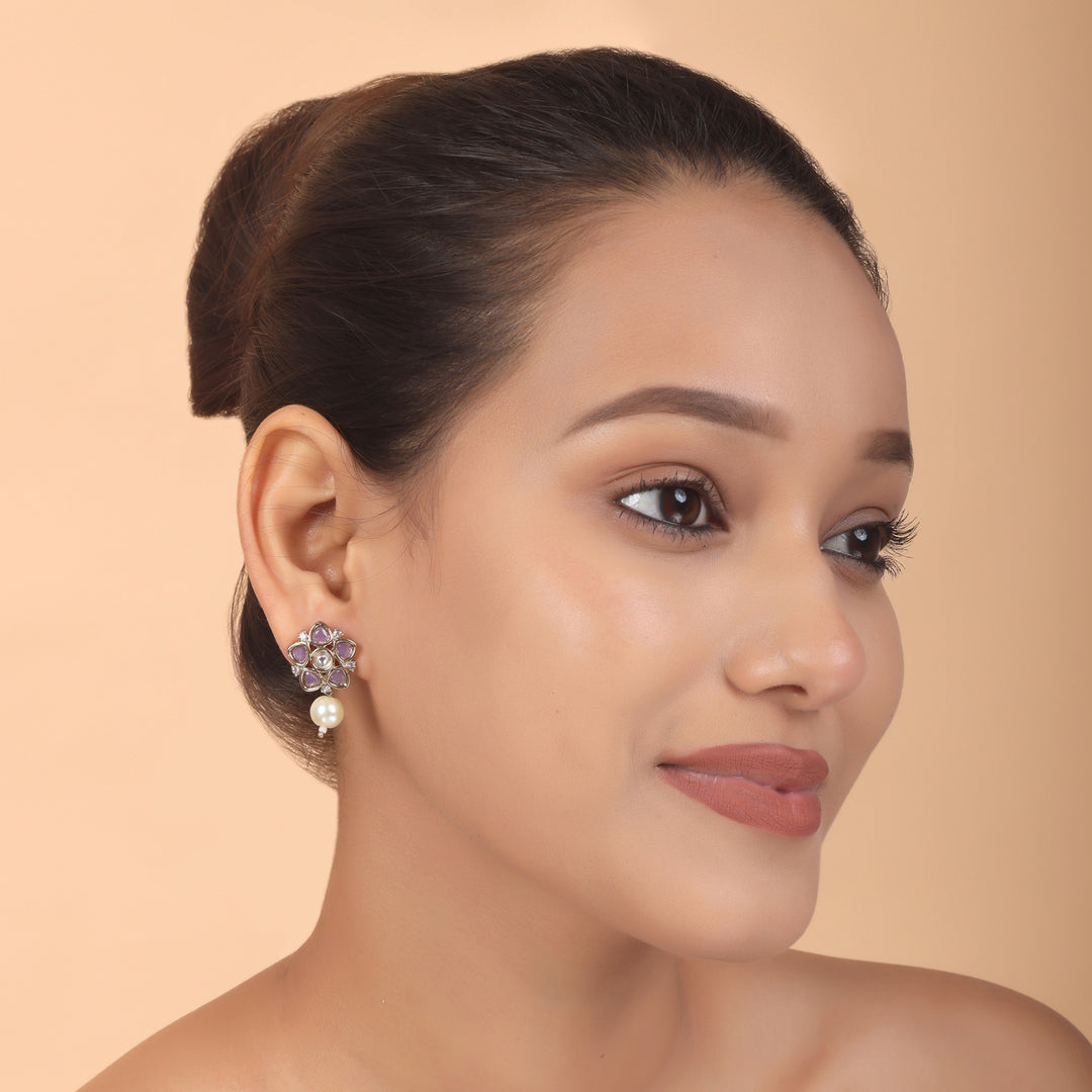 Polki Floral Stud Earrings with Pearl Drop - Lavender