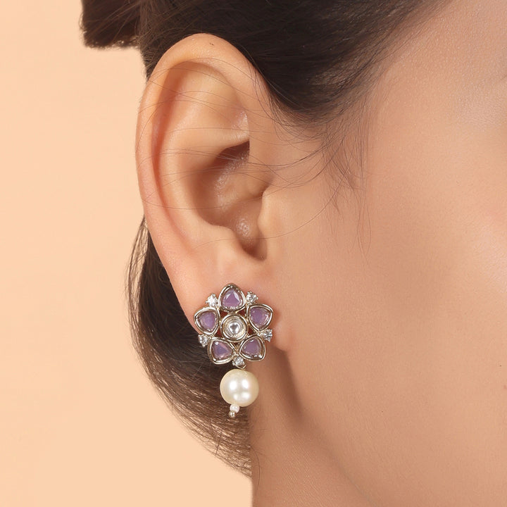 Polki Floral Stud Earrings with Pearl Drop - Lavender