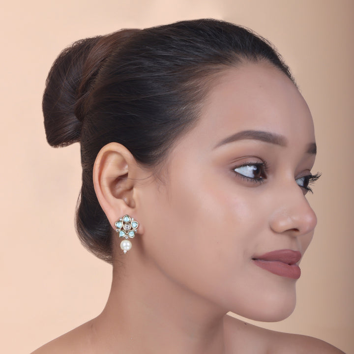 Polki Floral Stud Earrings with Pearl Drop - Mint Green