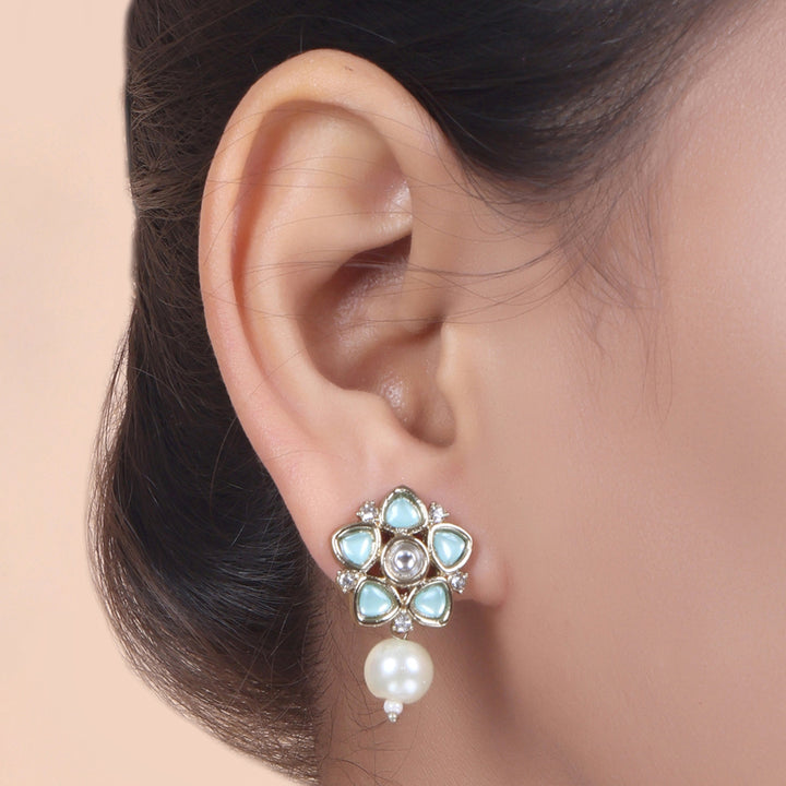 Polki Floral Stud Earrings with Pearl Drop - Mint Green