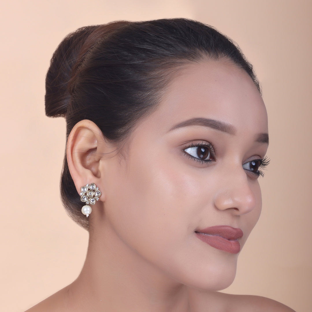Polki Floral Stud Earrings with Pearl Drop - White