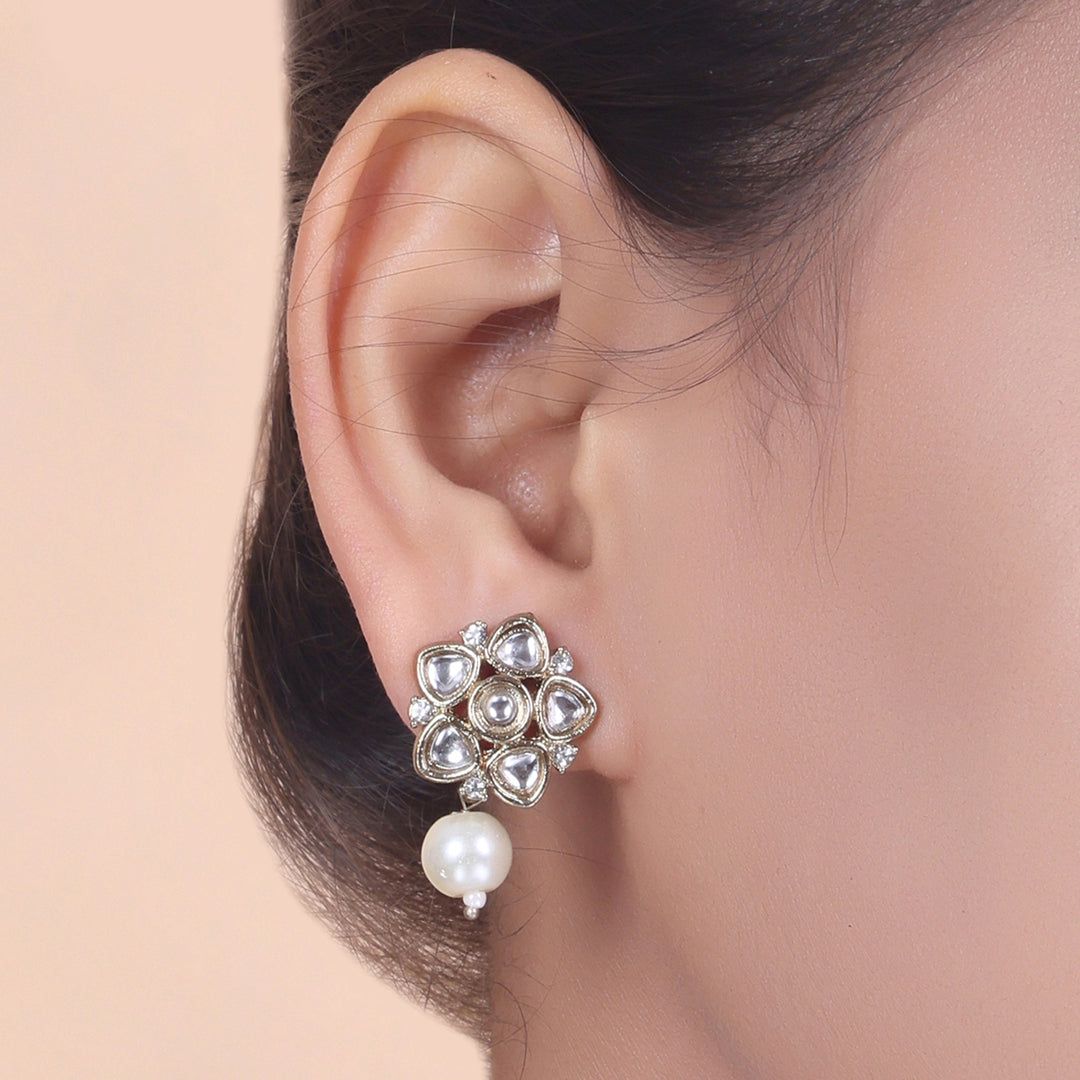 Polki Floral Stud Earrings with Pearl Drop - White