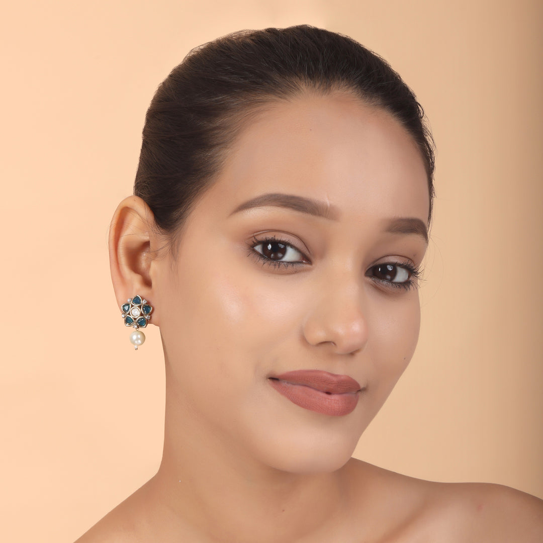 Polki Floral Stud Earrings with Pearl Drop - Turquoise Blue