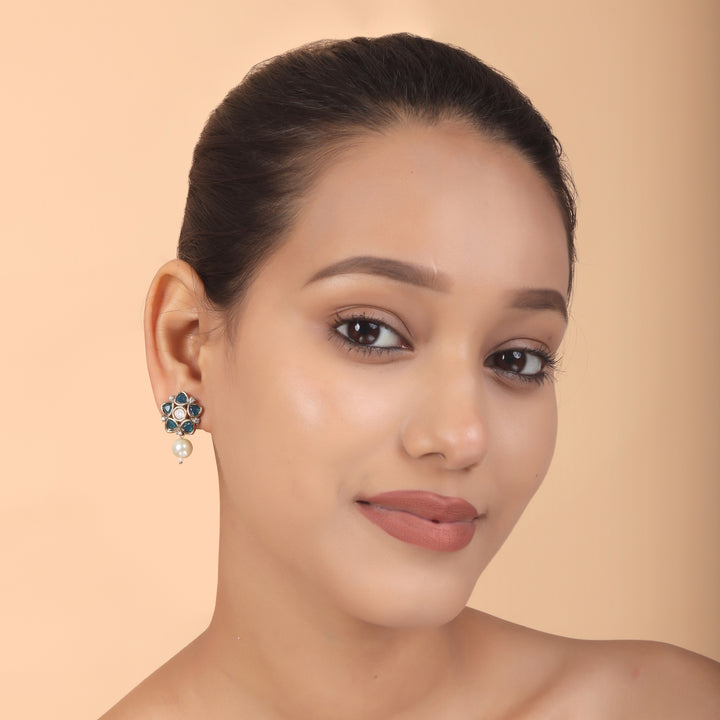 Polki Floral Stud Earrings with Pearl Drop - Turquoise Blue