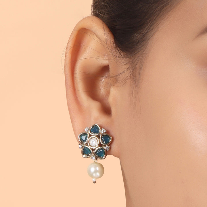 Polki Floral Stud Earrings with Pearl Drop - Sky Blue