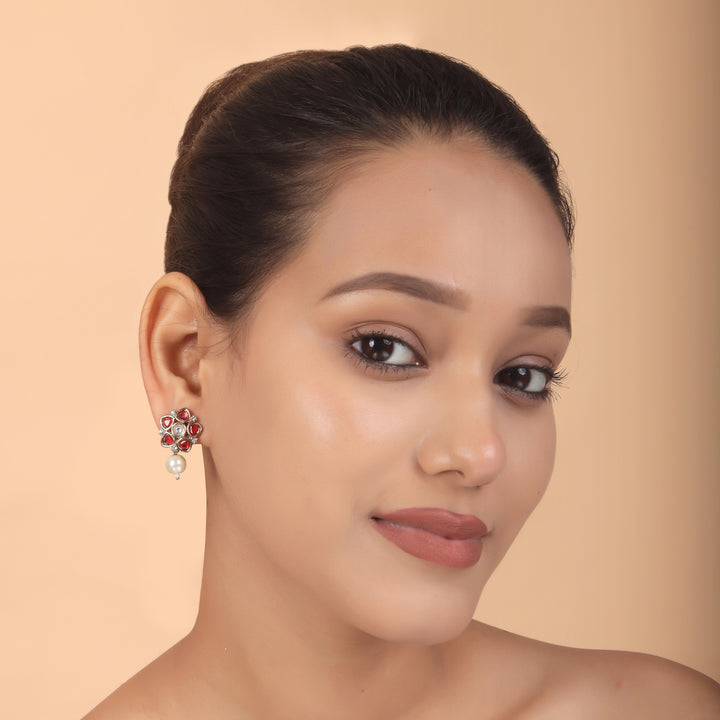 Polki Floral Stud Earrings with Pearl Drop - Red